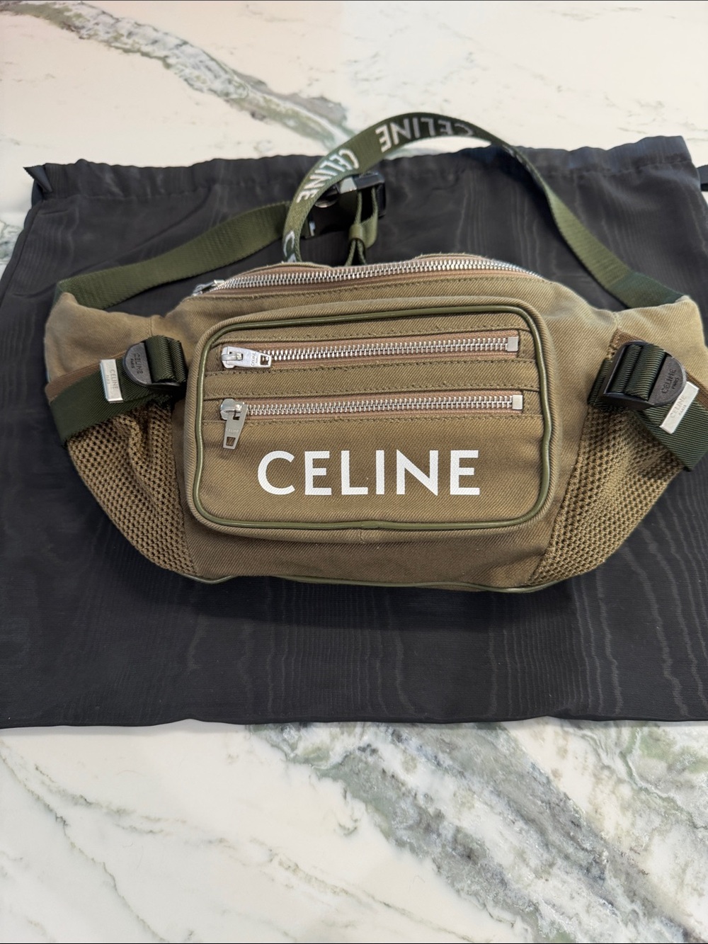 Celine Olive Canvas Logo Belt Bag with Green Strap